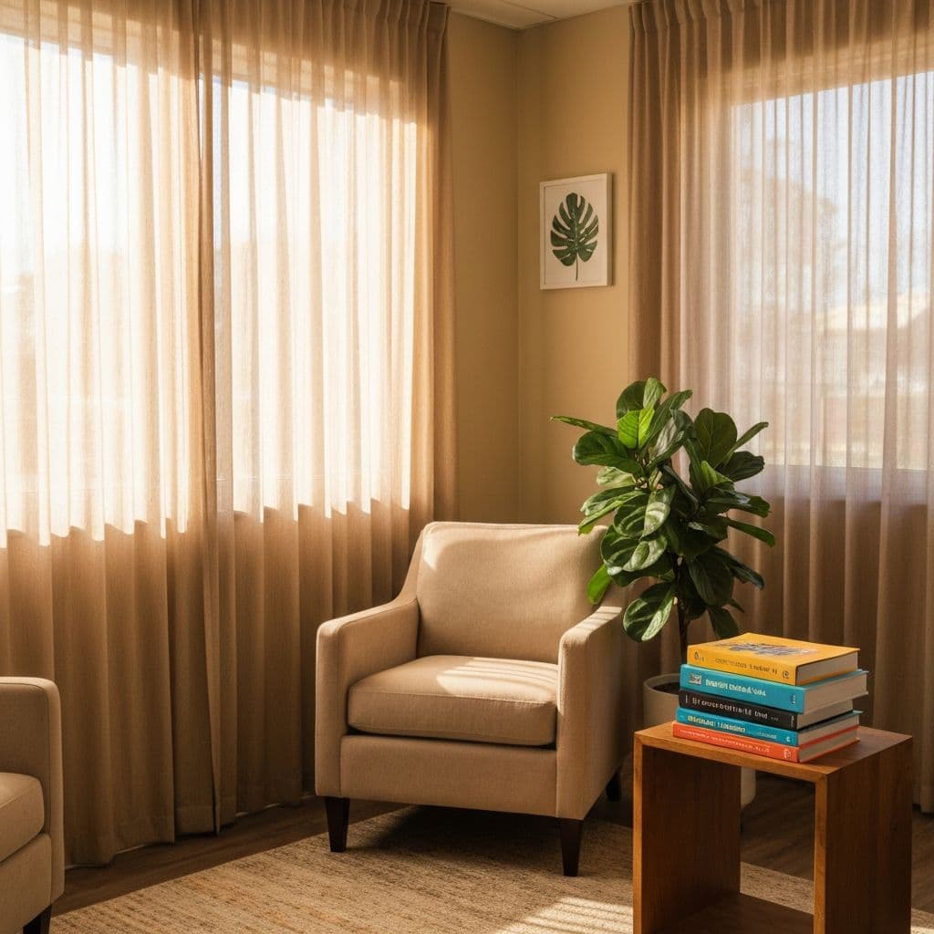 A calm therapy space with resources and natural light
